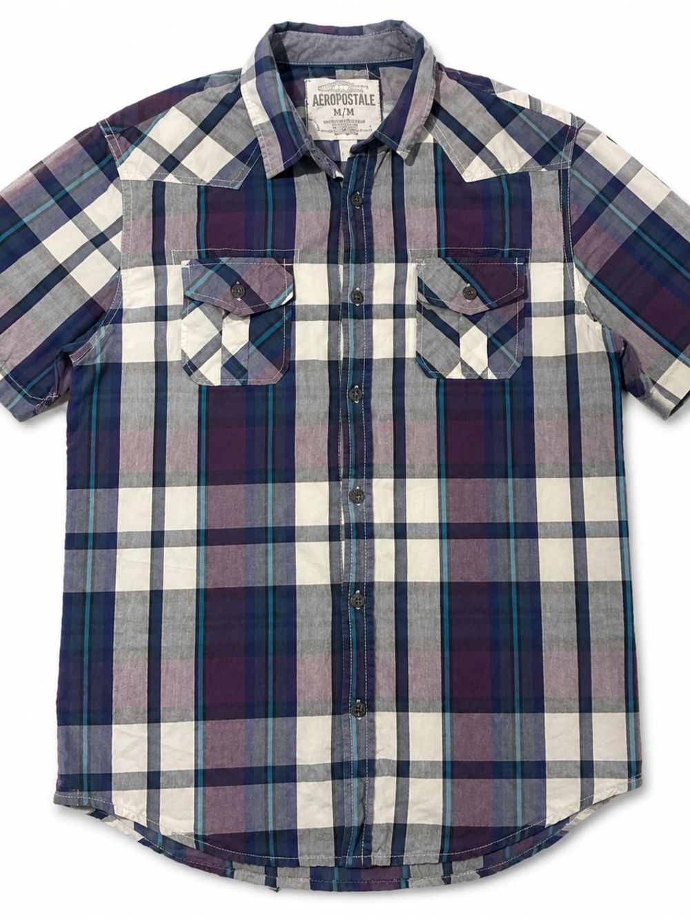 Aeropostale Men's Plaid Button-Down Shirt in Purple, Blue and White